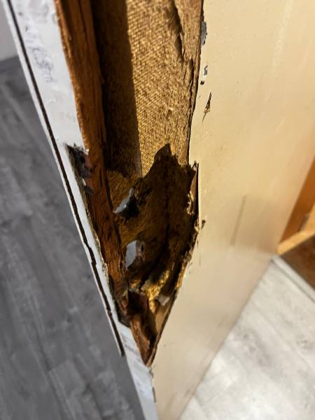 Dégâts importants sur le bâti de porte après effraction à Toulouse